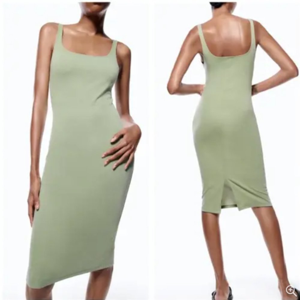 ZARA Sage Green Elastic Trim Midi Sleeveless Bodycon Dress